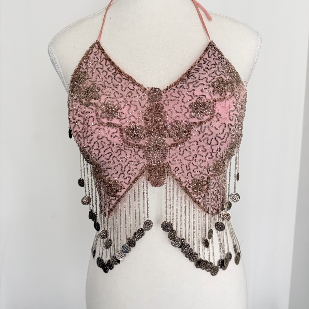 Pink Beaded Fringe Halter Crop Top